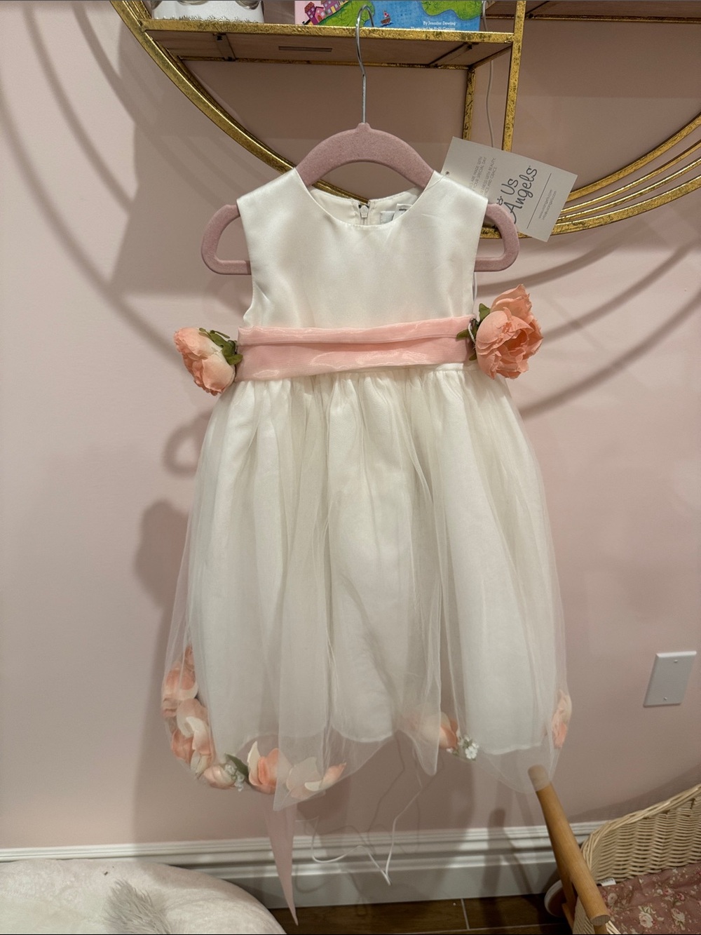 Us Angels Ivory Tulle Flower Sash Dress with Peach Accents